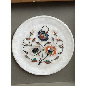 White Marble Indian Framed Multi Stone  Mother Of Pearls Marquetry Plate 6"